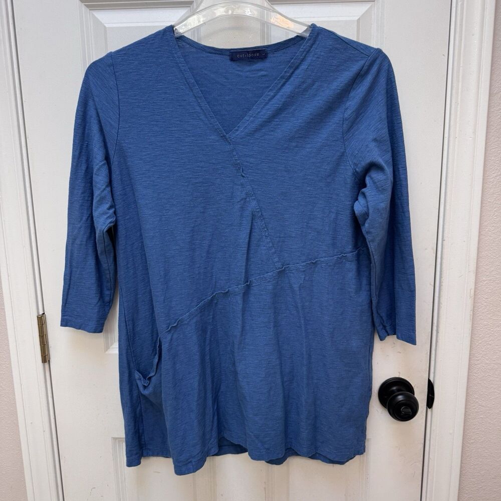 Cut Loose Top Womens Large Blue Linen Blend Long Sleeve Tunic Top USA Lagenlook